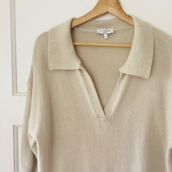J. Society Women's Sz L Oatmeal 100% Cotton v-neck polo top oversized preppy - Picture 3 of 9